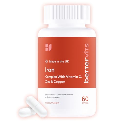 Bettervits Iron Tablets High Strength | Iron Supplements for Women and Men - Ferrous Bisglycinate Formulation | Active Vitamins C B6 B9 B12 Zinc Copper | Energy and Vitality - 60 Capsules