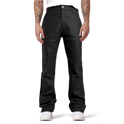 GINGTTO Mens Leather Bell Bottoms Slim Fit 70s Disco Flare Stacked Pants for Men 28 Black