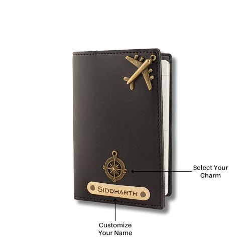 Image of AICA Personalised Name & Charm Leather Passport Cover Holder for Men & Women (Black)