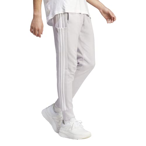 Adidas Men's Essentials French Terry Cuffed 3-Stripes Pants, Silver Dawn/White, Medium #TOP1