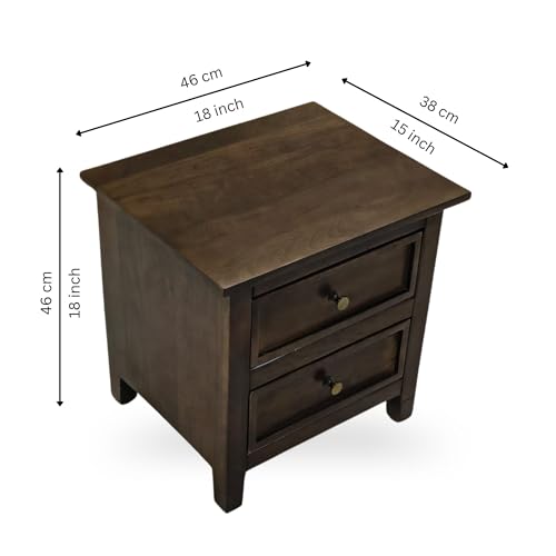 Image of Gharaana Kavya Wooden Bedside Table with Double Drawer Storage, Dark Walnut Finish, 46x38x46 cm