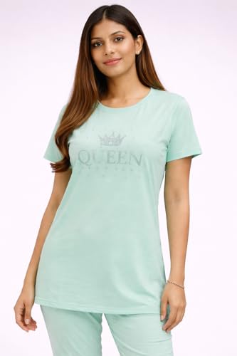 Image of KIAWAH Women's Cotton Night Suit, Long Top and Pajama Set, Round Neck, Short Sleeve,