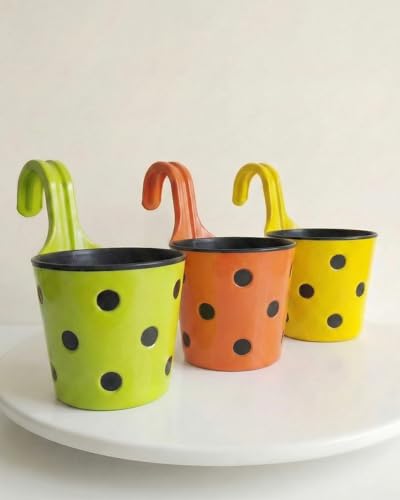 Image of Premium Hook Planter with Inner Pot | Polka Dot Hanging Planter for Balcony & Railings | Sturdy Plastic | Built-in Drainage | Vibrant Colours | Indoor & Outdoor Gardening (3 Pot, Mix)