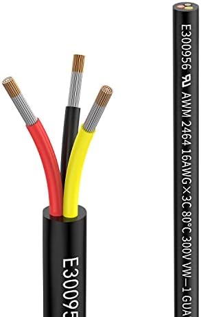 Matugajp 16awg 1.3mm² Electrical Wire 3 Core Extension Cable 20feet UL2464 DC 5V/12V/24V/300V 16 Gauge Oxygen Free Stranded Tinned Copper Wire