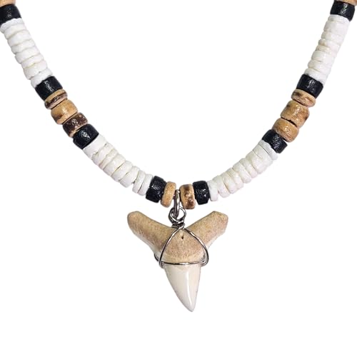 BlueRica Shark Tooth on Puka & Tiger Brown Coconut Shell Beads Necklace (18
