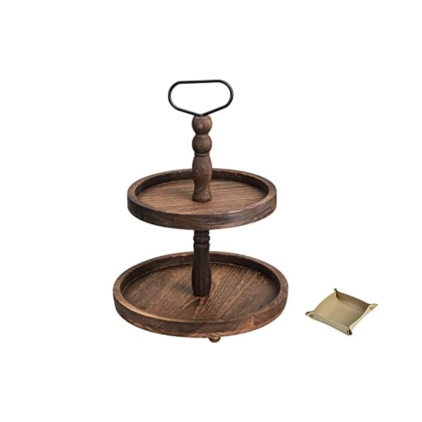 Farmhouse Wooden Decorative Two Tiered Trays+ Pu Leather Tray,Wood 2 Tier Serving Tray Stand for Rustic Table Centerpiece,Kitchen Decor,Coffee Bar, or Cupcake Stand (Brown)
