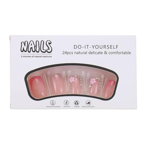 Image of Pink French Tip Press on Nails Rhinestone Flower Fake Nails Spring Nail Glossy Glue on Nails Reusable Artificial Acrylic Full Cover Short Square Stick on Nails for Women Girls Manicure 24Pcs