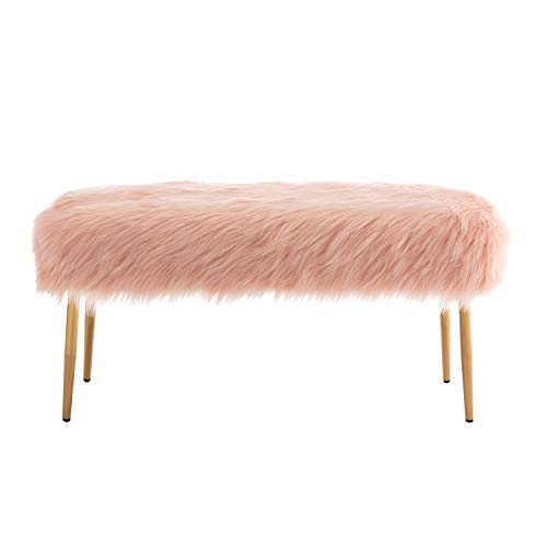 Faux Fur Vanity Bench Entryway Bench Furry Long Hair Pink Ottoman DM Furniture Fuzzy Bench with Metal Legs for Living Room, Bedroom, Dining Room, Home Decorative, Pink