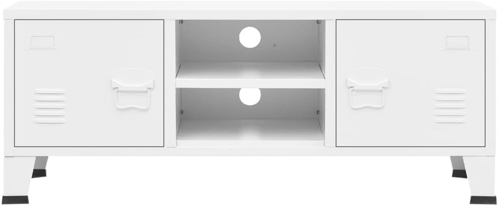 vidaXL White Pre-Assembled TV Cabinet, Industrial Metal TV Stand Unit with 2 Doors & 1 Shelf, Cable Management Design