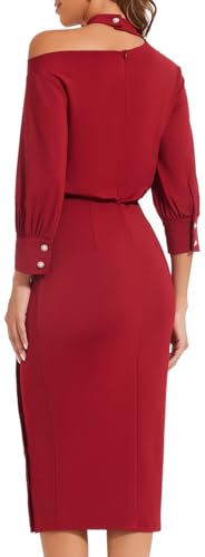 shengfan Women's Casual Long Sleeve Work Bodycon Midi Dresses Round Neck Formal Wedding Cocktail Party Wrap Pencil Dress2