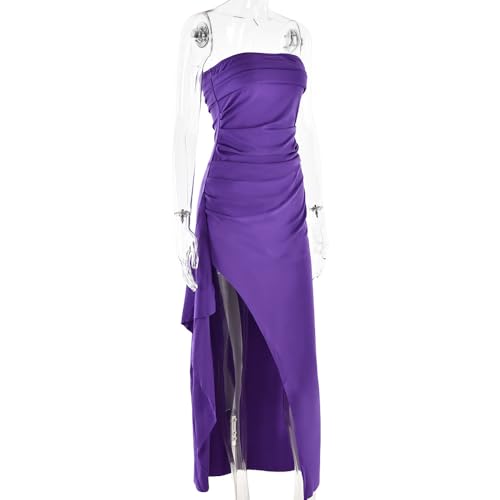Image of Women's Sexy Strapless Backless High Split Long Maxi Dress Ruched Off Shoulder Sleeveless Bodycon Party Cocktail Dresses