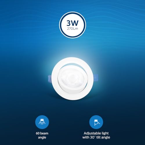 PHILIPS polycarbonate 3 Watt White LED Ceiling COB Round Spot Light with Adjustable Tilt|Cut out: 63mm|Warm White, Pack of 6 (Bright Spot)