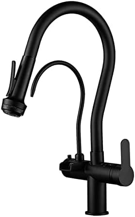 BHFPFZA 3-Way Matte Black Kitchen Sink Faucet Pull-Out Spray High Arc Mixer 3-in-1 Drinking Water Filter & Purifier with Waterfall Spout Slish and Functal