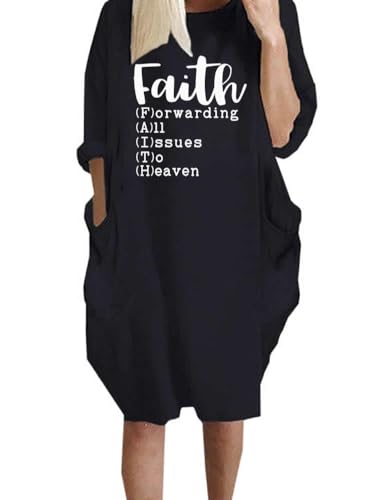 Image of Women's Faith Forwarding Letters Printed T-Shirt Causal Loose Dresses with Pockets