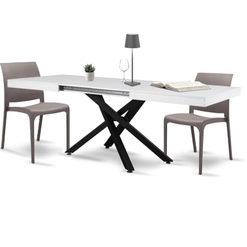 Shally Dogan Tavolo da Cucina e Sala da Pranzo Estensibile Richiudibile, Allungabile da 140-220 cm con 2 Pannelli da 40 cm, Apertura Semplice e Veloce, Design Moderno, Base Nera (Bianco)