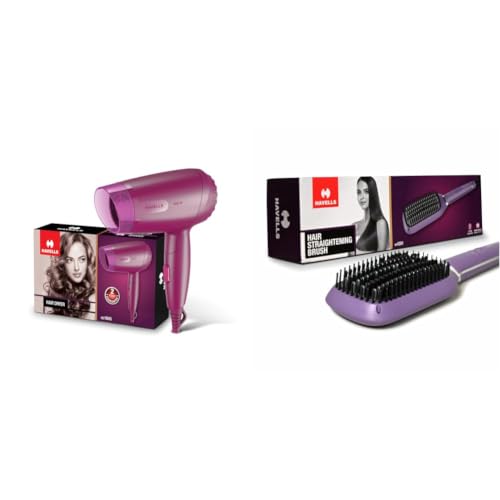 Image of Havells 1000W Foldable Hair Dryer + Keratin Infused Hair Straightener Brush With Temperature (Combo Pack of 2)