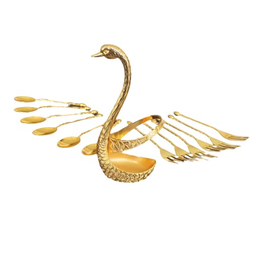 Swan Base Holder with 6 Forks & 6 Spoons - Stainless Steel Coffee Spoons & Dessert Forks Set - Creative Dinnerware Set Decorative Swan Holder Household Tableware - (12 PCS Set of 2)