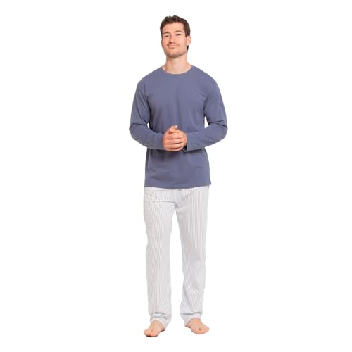 TRAMAS+ Pijama de Hombre Largo,100% Algodón, con Manga Larga y Pantalón Largo, Conjunto de Ropa para Dormir Entretiempo - M, Raya Fandi Azul