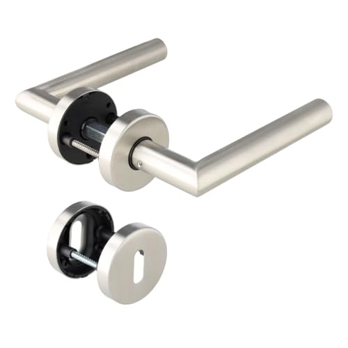 Aperit Türgriff: Edelstahl Türklinke Paar mit Buntbart Rosette - Rund - Matt - Drückergarnitur für Innentüren - T-Modell - Vierkantmaß 8 x 8 mm - 49.330.02