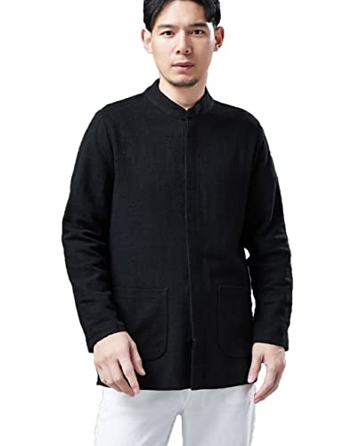 LUZU JUNU Men Chinese Traditional Linen Cotton Tang Suit Top Kung Fu Jacket Spring Fall Thick Bomber Jacket Coat