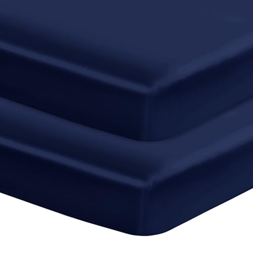 Image of Entisn 28x52 Satin Fitted Crib Sheet 2 Pack, Navy Blue | 8-Inch Deep Pocket Snug Fit, Silky Satin Protects Hair And Skin, No-Slip Reinforced Edges, Machine Washable Fade-Resistant