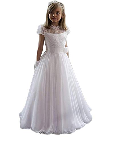 Carnivalprom Mädchen Prinzessin Blumenmädchenkleider Brautjungfern Kleider für Hochzeit Kinderkleid Spitze Kommunionkleid Mit Kurzarm Partyskleid(Weiß,9-10 Jahre) Cover