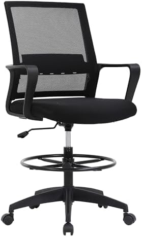 Drafting Chair Tall Office Chair Adjustable Swivel Rolling Mesh Height with Lumbar Support Arms Footrest Mid Back for Adults Standing Desk Drafting Stool (Black)