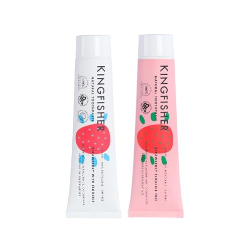 Kingfisher Dentifrice pour enfants - Options sans fluorure et sans fluorure - Soin naturel doux pour les dents des enfants - Saveurs sûres et délicieuses (1, fraise avec fluorure)