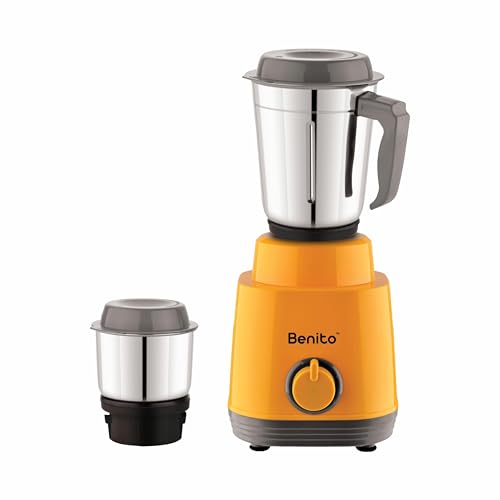 Image of Benito TURIN 550W Mixer Grinder with 2 SS Jars | Heavy-Duty Shockproof ABS Housing | Powerful Motor with Advanced Grinding Technology | Elegant Yellow & Gray Finish come with 1-Year Warranty