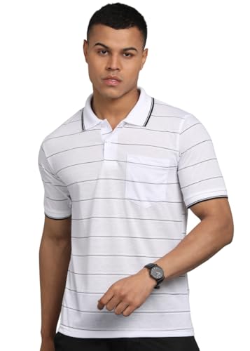 Image of INKKR Men Striped Polo Neck Cotton Blend T-Shirt