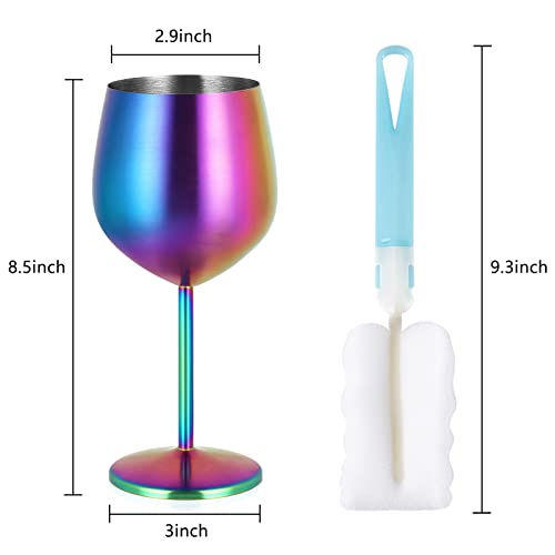 Lifecapido Stainless Steel Wine Glasses Set of 6, 18oz Colorful Stainless Steel Wine Goblets, Stemmed Metal Wine Glasses with Cup Brush for Party Office Wedding Anniversary, Great for Red White Wine