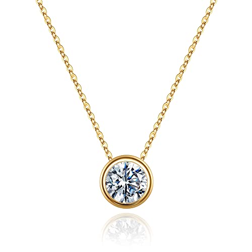 Moosea 0.8Ct Moissanite Pendant Necklace For Women, Round Cut D Color Vvs1 Clarity Lab Created Diamond Necklace 14K Yellow Gold Vermeil Bezel Setting Moissanite Pendant Necklace For Women Jewelry #TOP7