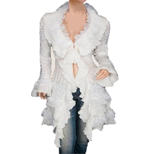 Image of Womens Vintage V Neck Ruffled Asymmetric Cardigan Sweater Outwear Coat