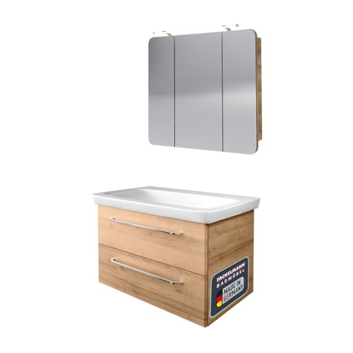 FACKELMANN Milano Badmöbel Set 3 Teile – Waschtisch mit Unterschrank und Spiegelschrank in Holz braun – Waschbeckenunterschrank – Alibertschrank mit LED-Beleuchtung – 90 cm breit FACKELMANN Milano Badmöbel Set 3 Teile – Waschtisch mit Unterschrank und Spiegelschrank in Holz braun – Waschbeckenunterschrank – Alibertschrank mit LED-Beleuchtung – 90 cm breit