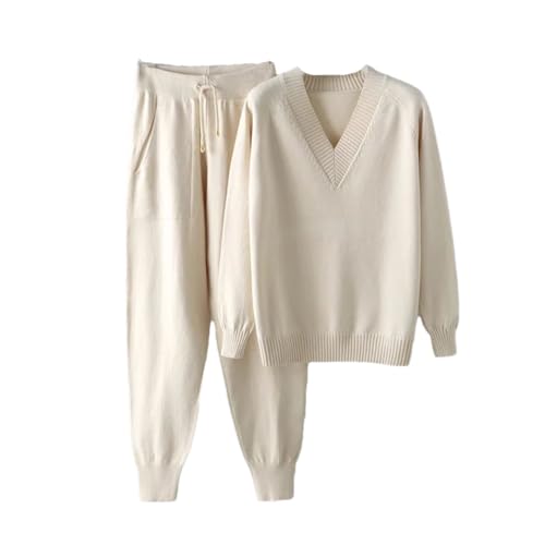 Women Knit Loose 2 Pieces Sets V-Neck Sweater Pullover Tops High Waist Harem Pants Outfit