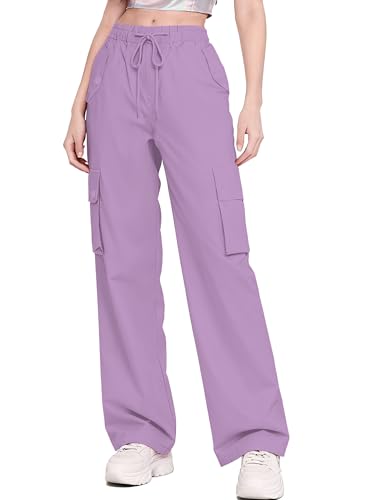 Image of Betusline Girls & Women's High Waist Wide Leg Cargo Pants Y2K Parachute Pants with Pockets and Drawstring 6 Years-Women 2XL