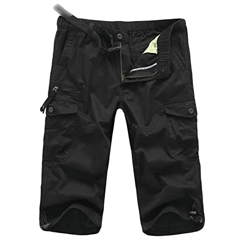 Men's Relaxed Fit 3/4 Cargo Shorts Twill Elastic Waist Multi Pocket Capri Pants Casual Loose Fit Below Knee Short (Black,5X-Large)