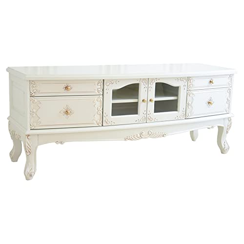 テレビ台 テレビボード 白 ホワイト おしゃれ ローボード 幅135cm 完成品 木製 アンティーク 引き出し 脚付き 収納家具 天然木 無垢 彫刻 PALMAアンティークホワイト マホガニーのTVボード135 ヨーロピアン 輸入家具 ロココ【K-TV-1