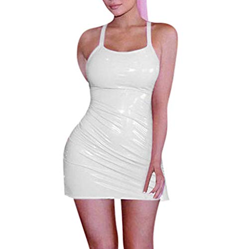 Vestido de festa feminino curto de cor lisa, de couro, sexy, colado ao corpo, com aparência molhada,