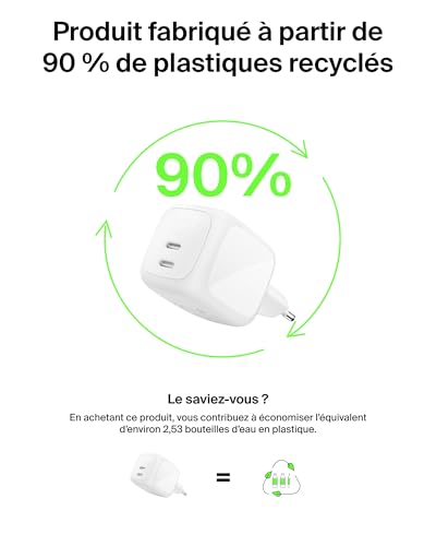 Belkin SmartProtect Chargeur USB C 67 W, Chargeur GaN 2 Ports, Recharge Rapide pour MacBook, iPhone 17, iPad Pro, Chromebook, Galaxy S25 Ultra, Pixel 10, etc. - Blanc
