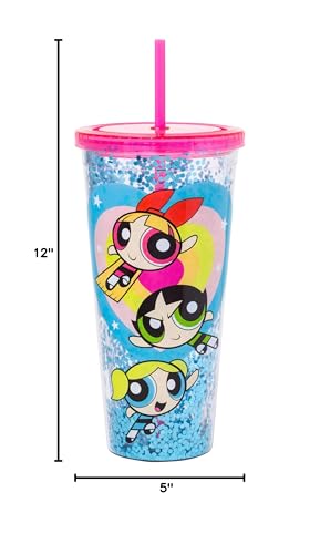 Image of Silver Buffalo Powerpuff Girls Blossom, Plastic Cold Cup, 32oz | Bubbles and Buttercup, Confetti, Includes Lid and Straw, 0.95 Liters