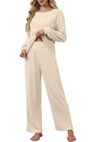 CheChury Conjunto Punto Mujer Conjuntos de 2 Piezas Mangas Largas Jersey y Pantalones Pierna Ancha Chic y Elegante Traje de Casa Cómodo Pijamas Holgado Casual Conjunto Chandal Mujer Completo Invierno