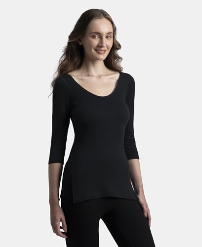 Jockey 2543 Women's Super Combed Cotton Rich Brushed Three Quarter Sleeve Thermal Top with StayWarm Technology_Black_M - Image 2 thumbnail