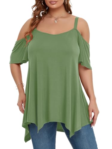 Image of LARACE Cold Shoulder Tops for Womens Summer Clothes Spaghetti Strape Tunic Oversized Shirts Asymmetrical Plus Size Blouse