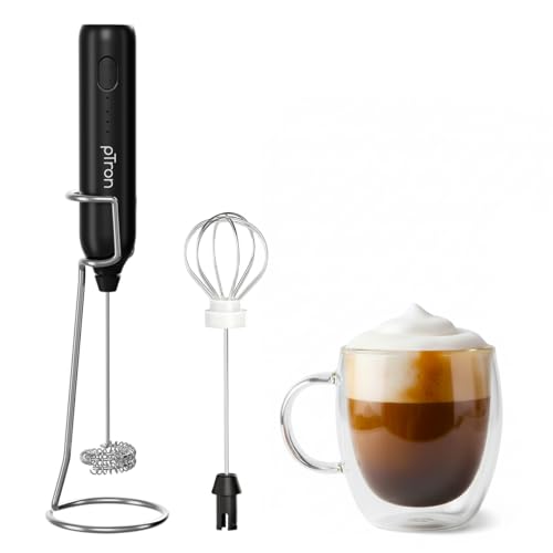 Image of pTron EaseMate Frother Z1 w /Dual Spring & Egg Whisk, 3-Speed Electric Frother for Milk /Coffee, Handheld Stand-up Design, Portable, Rechargeable, Stainless Steel Attachments (Black)