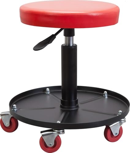 Image of Big RED Creeper Garage /Shop Seat: Heavy Duty Rolling Pneumatic Padded Adjustable Mechanic Stool with Tool Tray Storage, Red Large