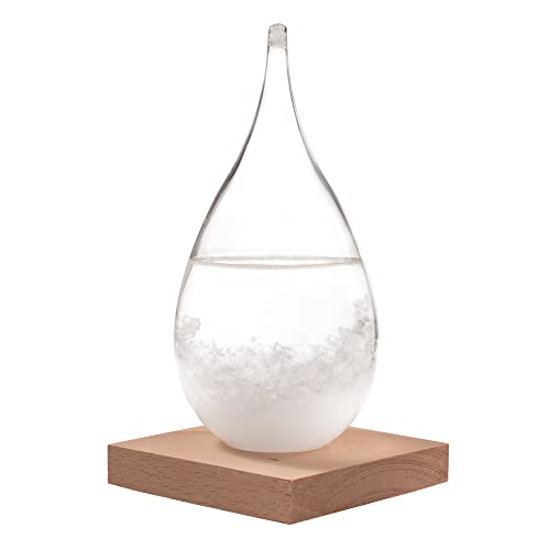 Wetterstation in Tropfenform: Sturmglas zur Wettervorhersage Wetterglas mit Wasser Kristallen Innen Barometer zur Wetterprognose Weather Station aus Glas Glastropfen mit Holzsockel