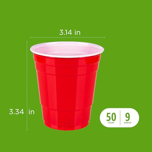 Image of Amazon Basics Small Disposable Red Plastic Party Cups, BPA-Free, 9oz, 50 Count