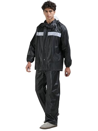 Image of FabSeasons Heavy Duty Waterproof Polyester Raincoat for Men with Reflective Strips, Hoodie & Elastic Cuffs - Ideal for Bike Riders & Night Safety