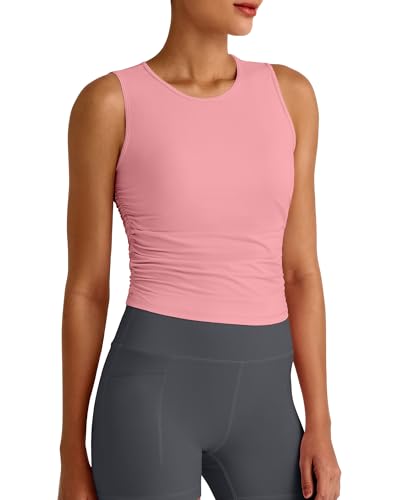 Image of G4Free Skimetic Workout Tank Tops for Women Side Ruched Sleeveless High Neck Crop Top Summer Athletic Gym Shirts